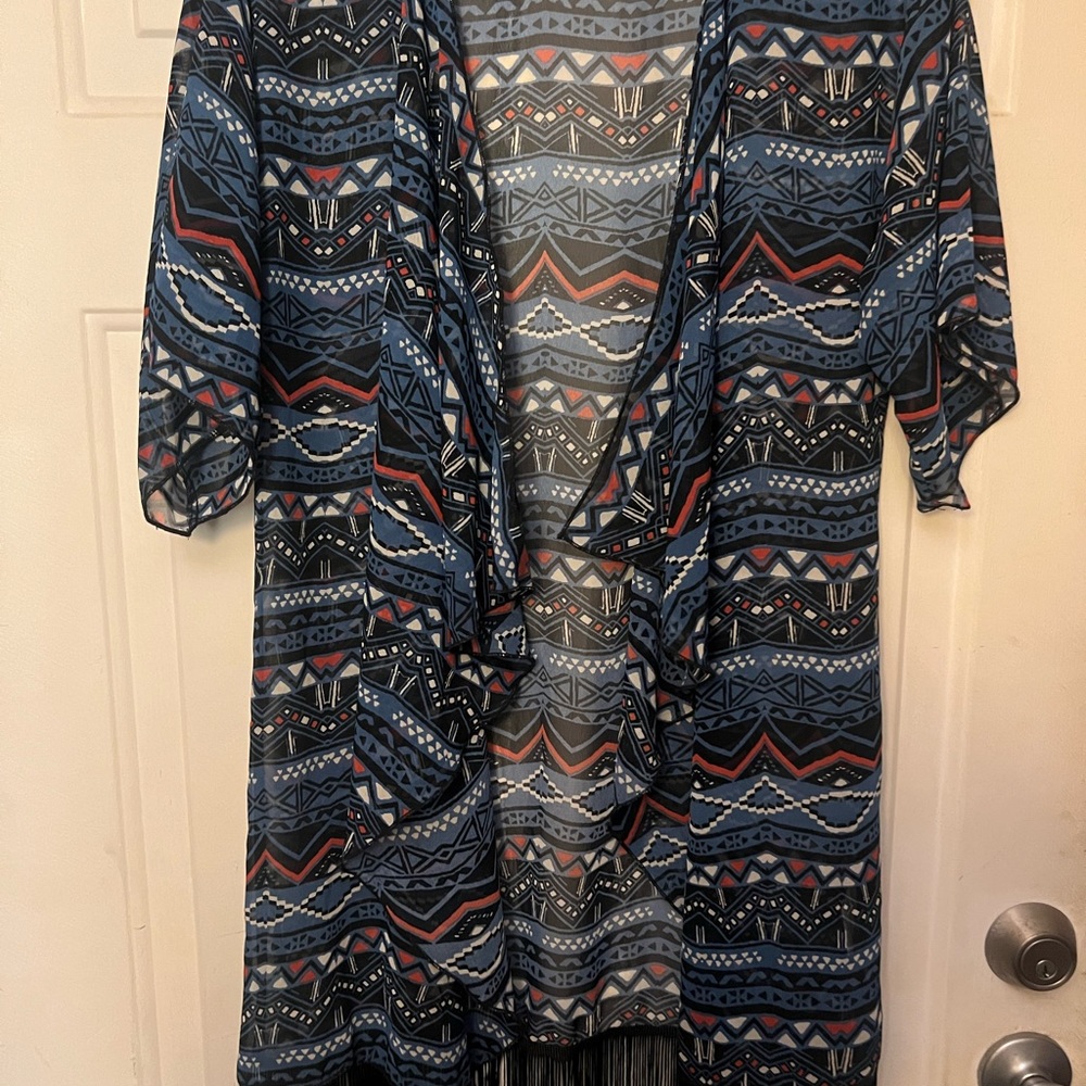 LuLaRoe Geometric Sheer Kimono - Blue and Red